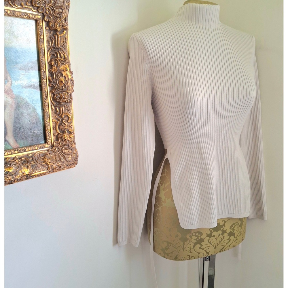 Babaton Ribbed Mock Neck Low High‎ Tie Back Sweater Beige XS Minimalist Modern